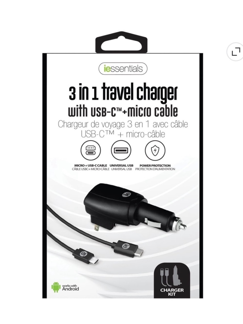 Essentials Black 3-in-1 Travel Charger with USB-C and Micro-USB Cables